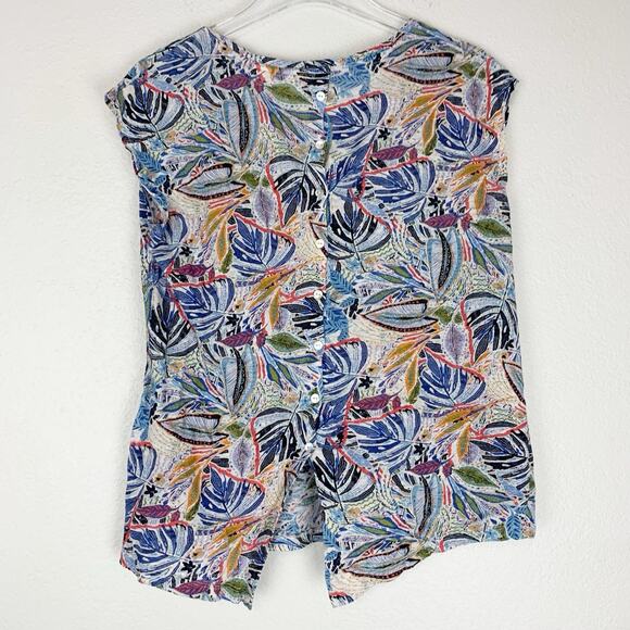 C&C California Shirt‎ Womens Large 100% Linen Button Back Cap Sleeve Tropical L - Picture 2 of 7